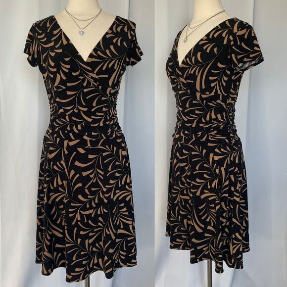 Midi Dress Size 12 Black Tan Faux Wrap V neck Stretch A Line Short Sleeve Y2K - Picture 14 of 14